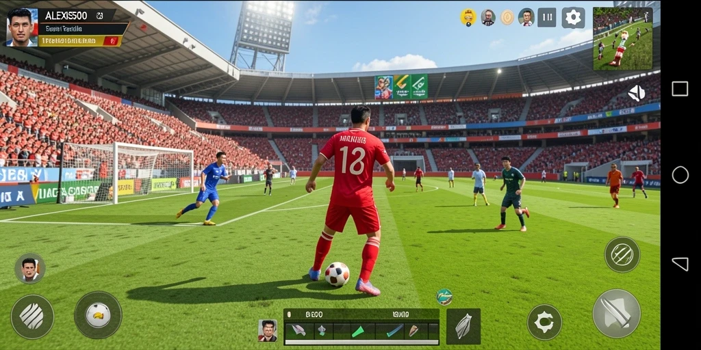 Tampilan gameplay ALEXIS500 yang mendebarkan di lapangan sepak bola.