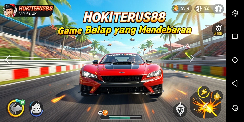 Gameplay HOKITERUS88 dengan mobil balap di trek yang menantang.